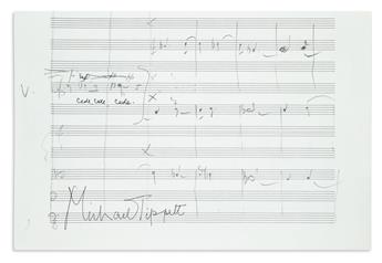 TIPPETT, MICHAEL. Autograph Musical Manuscript Signed, twice, in pencil and black and red ink, fragmentary sketches from an unknown wor